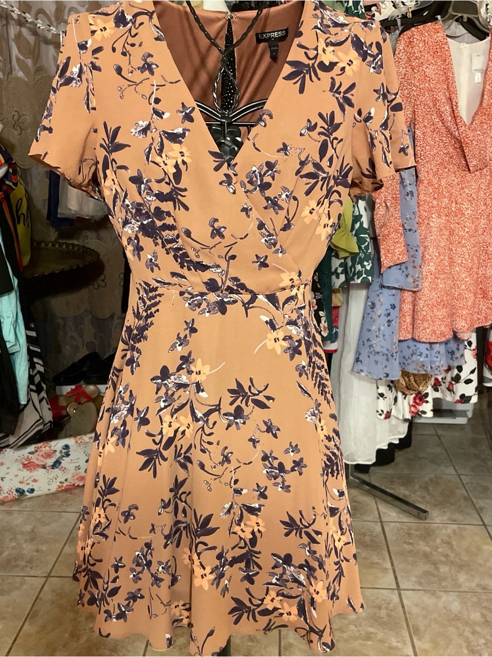 Express Peach Floral Wrap-Style Mini Dress with Navy Print